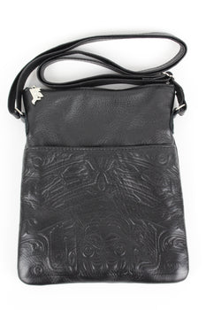 Bear Box Design, Embossed Black Leather Crossbody Purse