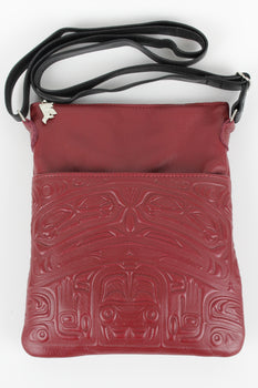 Bear Box Design, Embossed Red Leather Crossbody Purse